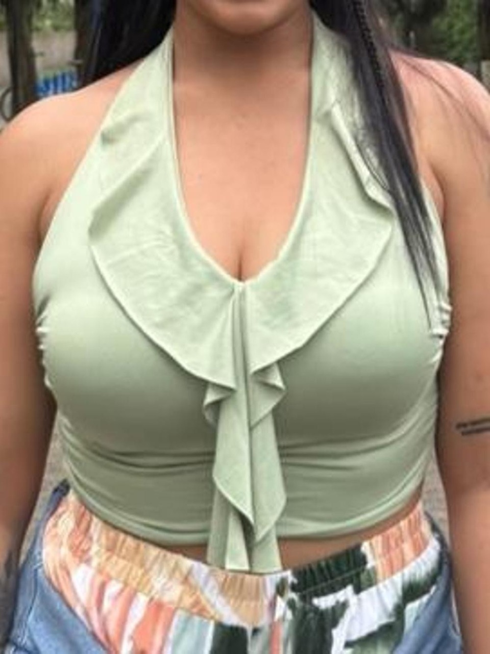 SHEIN Sage Green Ruffle Halter Crop Top